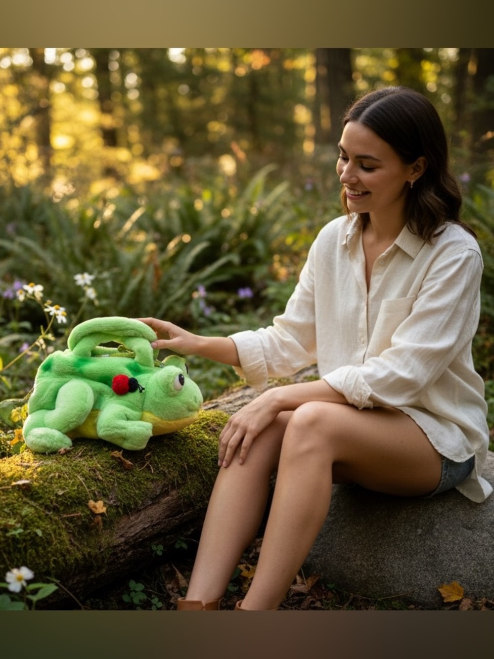 Aurora World INC green plush frog bag with a soft fuzzy texture and ladybug